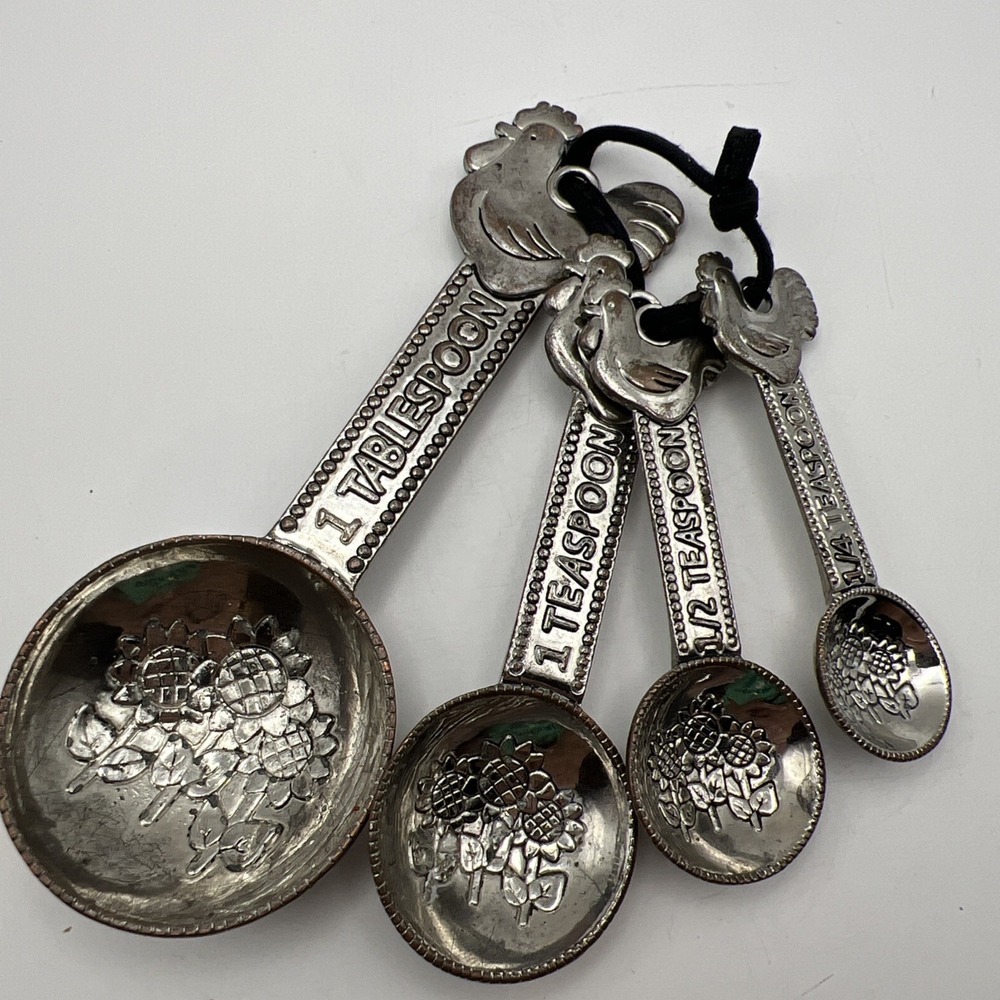 Ganz Rooster Sunflower Measuring Spoons Set of 4 Embossed Silver Tone Metal